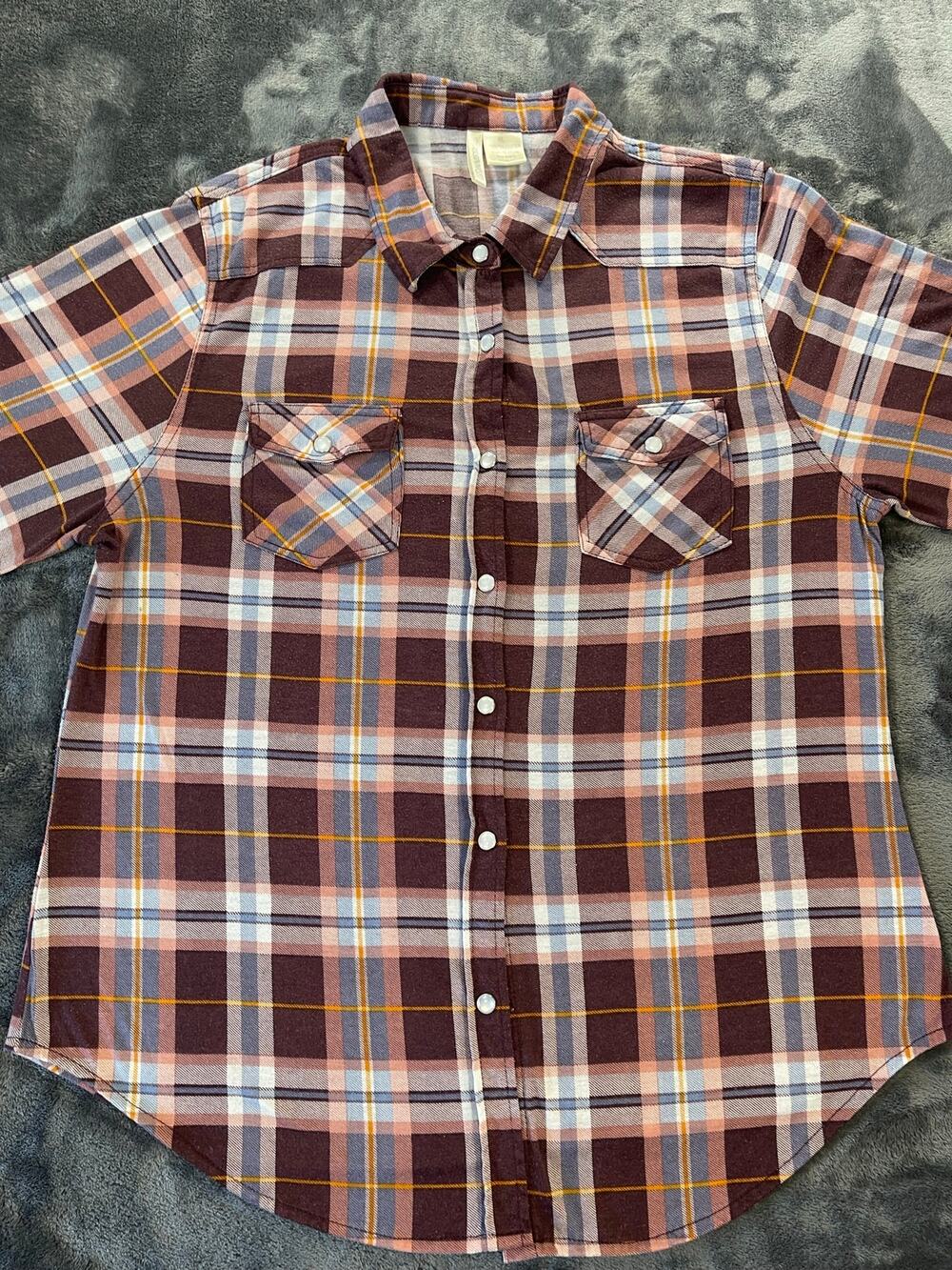 Passport Womens Size XL Brown Blue Plaid 100% Poly Pearl Snap Western Shirt ASIS